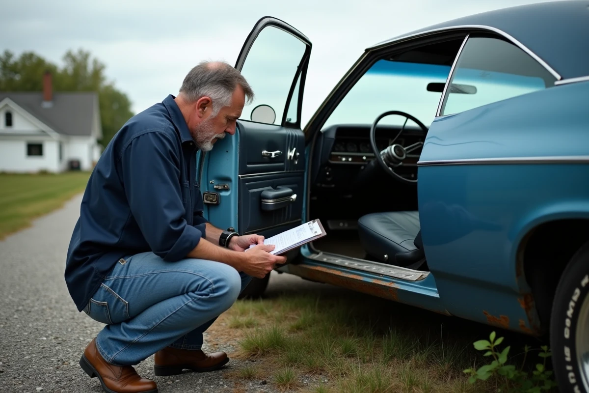 Expert automobile inspectant la carrosserie rouillée d'une Chevrolet Impala 1967 lors d'une évaluation de barn find dans une propriété rurale