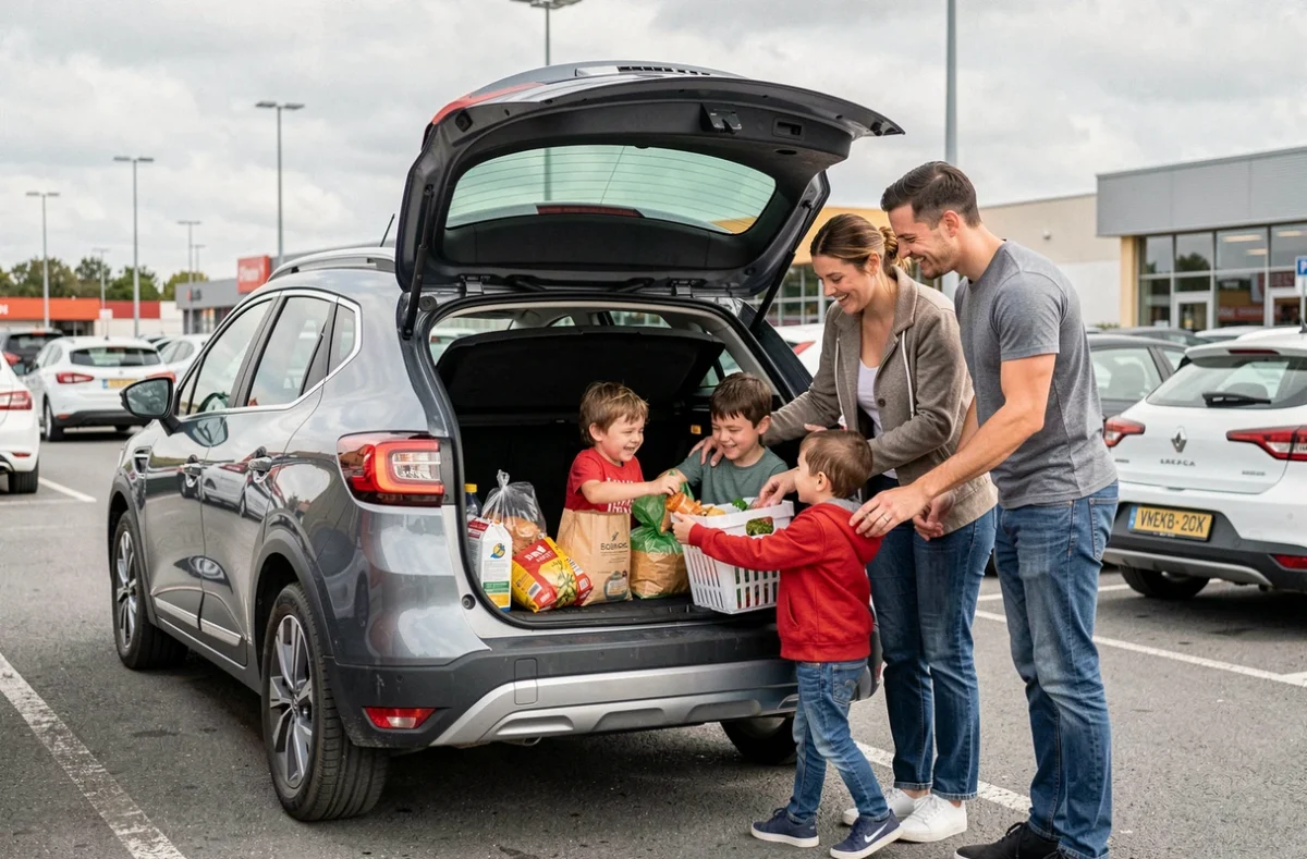 Famille chargeant des courses dans le coffre d'une Renault Symbioz gris rafale dans un parking de supermarché