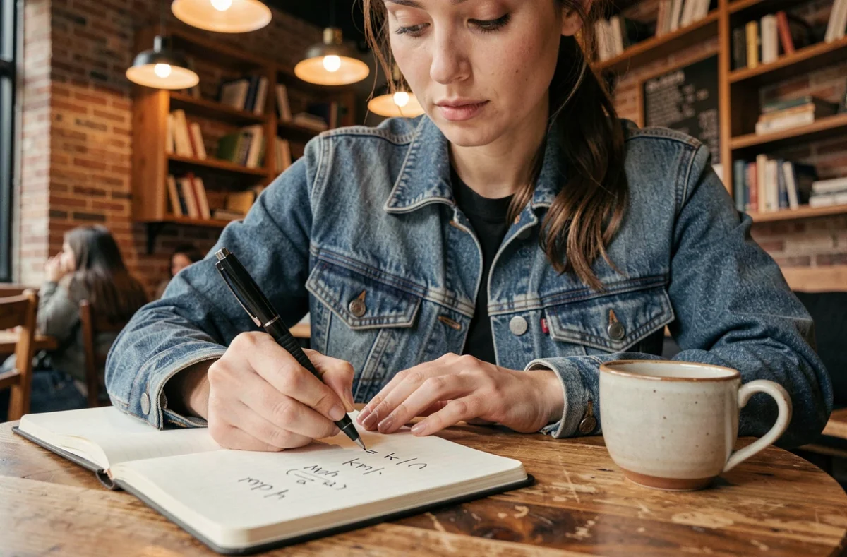 Femme écrivant une formule de conversion mph en km/h dans un carnet dans un café urbain