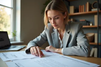 Femme consultant un tableau de prix de carte grise par chevaux fiscaux à son bureau à domicile
