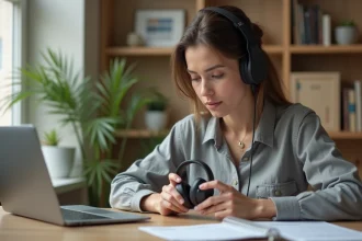 Femme comparant des casques Bluetooth Sena pour moto à son bureau à domicile