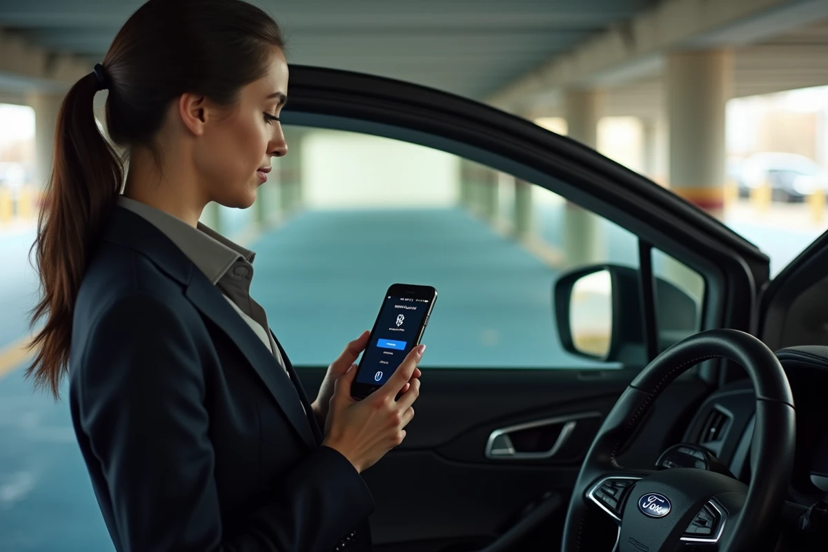 Femme connectant son smartphone au système Ford Sync via Bluetooth dans un parking urbain