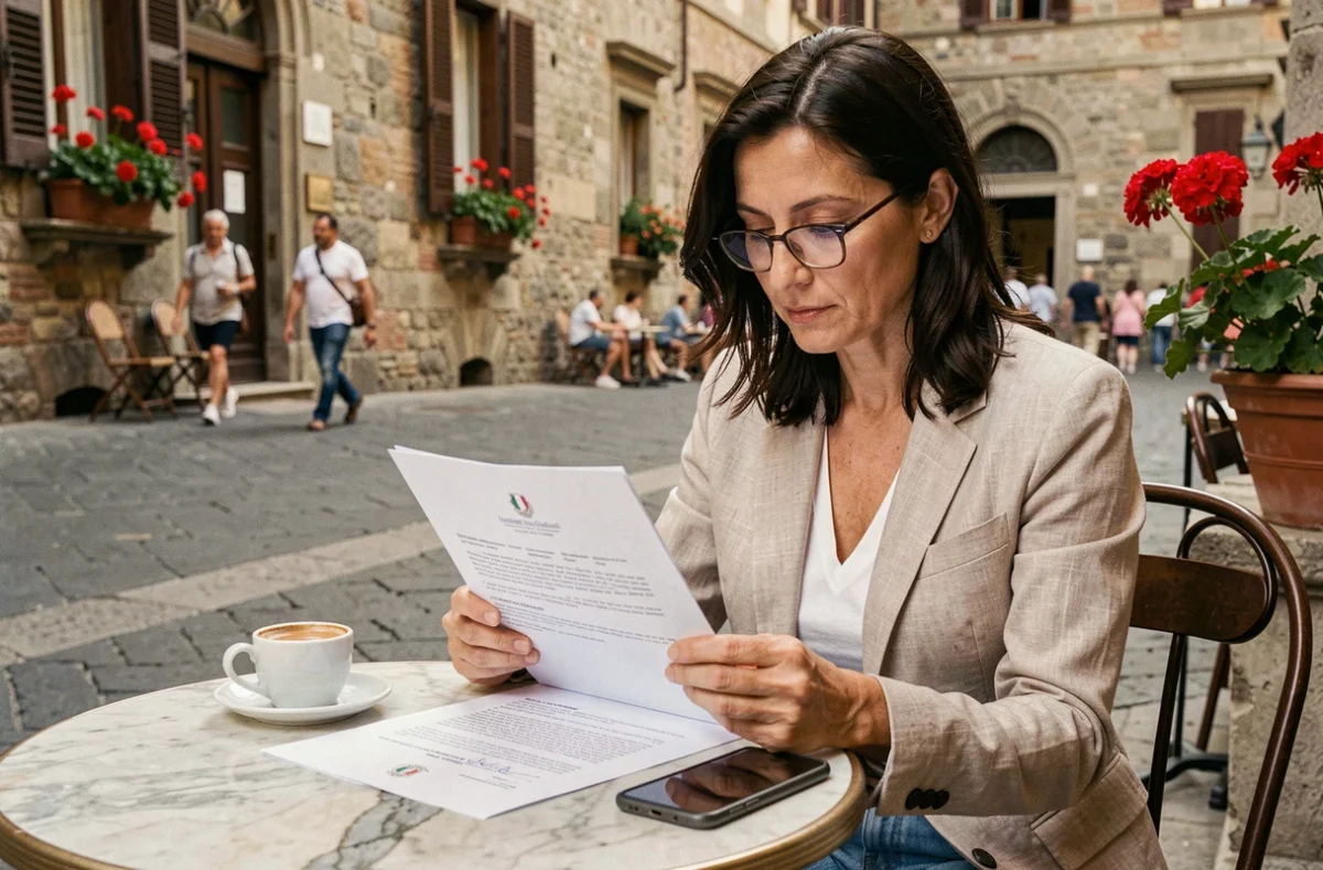Femme consultant un avis d'amende italienne officiel attablée dans un café en plein air à Florence
