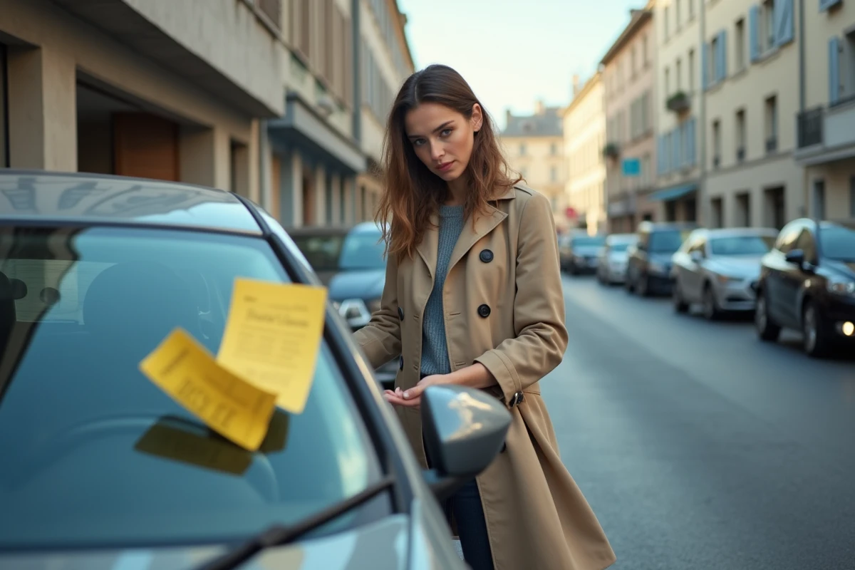 Femme découvrant une contravention de 4e classe placée sous l'essuie-glace de sa voiture en ville