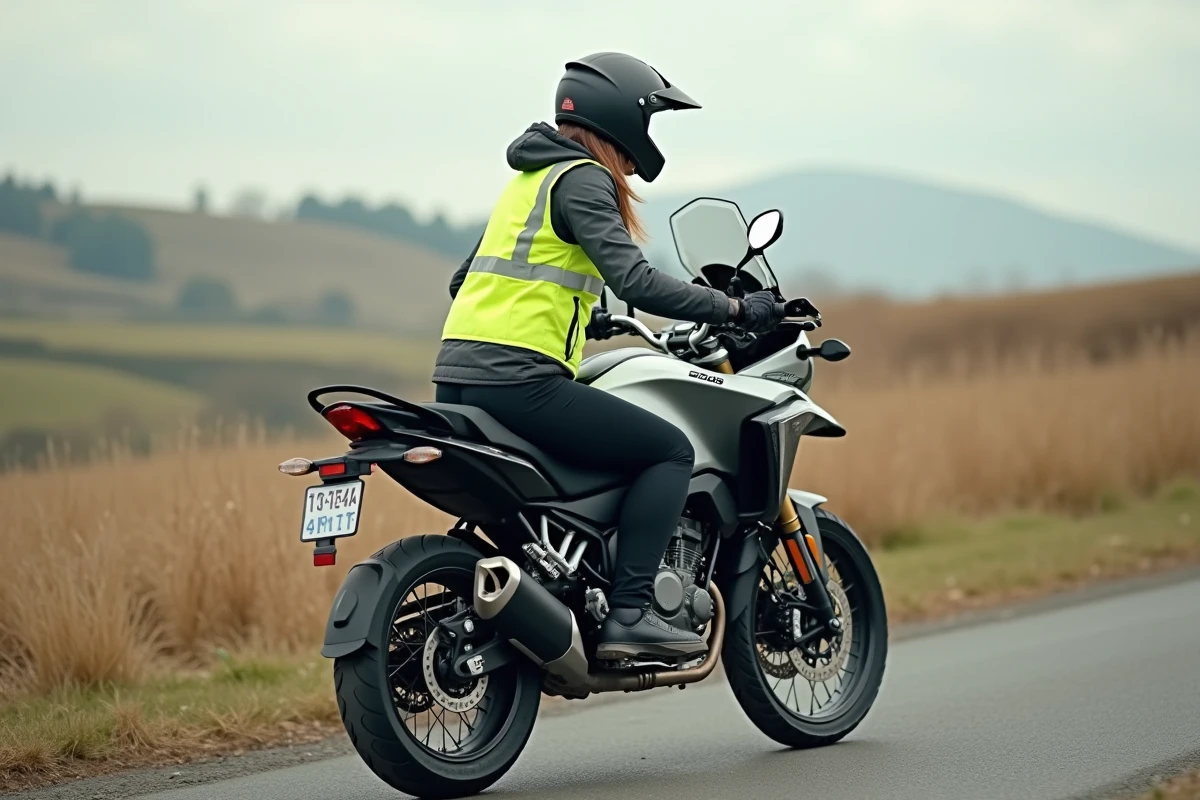 Femme en train de descendre d'une grosse moto aventure en bord de route de campagne, s'aidant de la poignée et de l'épaule du pilote pour garder l'équilibre