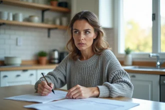 Femme analysant des documents d'assurance avec franchise à sa table de cuisine