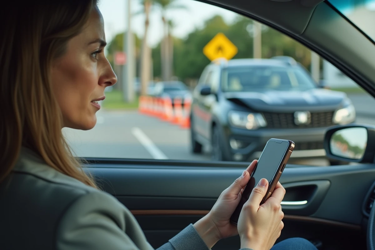 Femme en tort après un accident de voiture contactant son assurance depuis l'habitacle de son véhicule accidenté