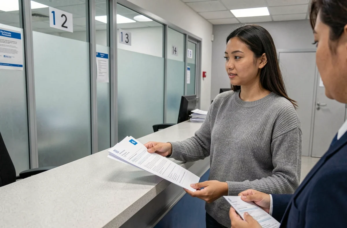 Femme étrangère déposant un dossier de permis de conduire à la préfecture française