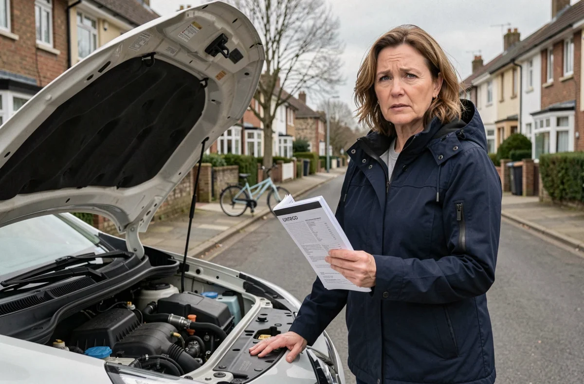 Femme consultant son manuel de véhicule pour retrouver le code radio de sa Renault Clio 3 après un changement de batterie
