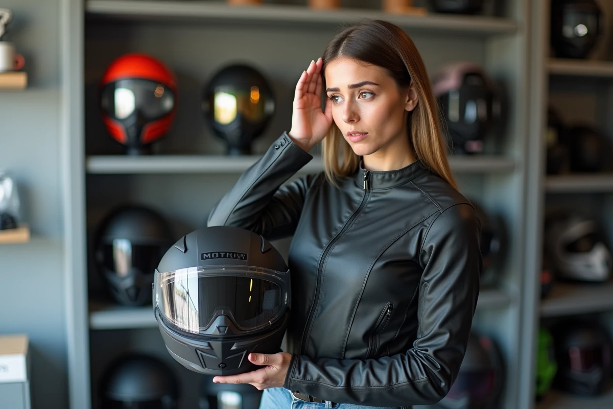 Femme motarde dans un magasin tenant son casque et se massant la tête après une douleur liée au port du casque