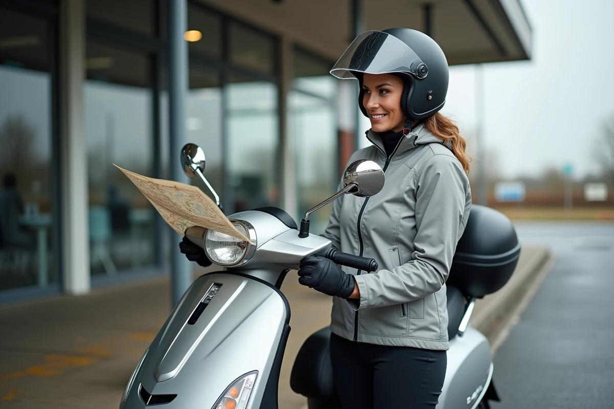 Femme motarde consultant une carte routière à côté de son scooter de tourisme sur l'autoroute