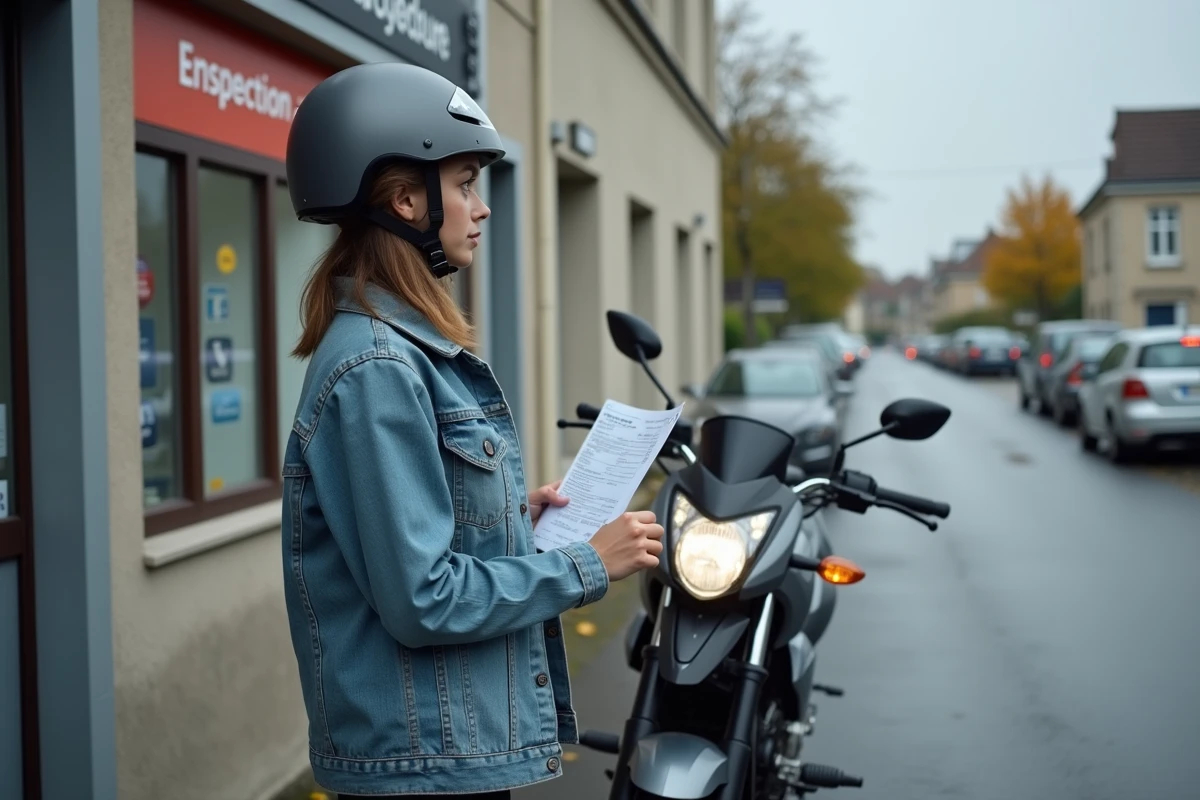 Jeune femme avec son 125cc devant un centre de contrôle technique moto en France