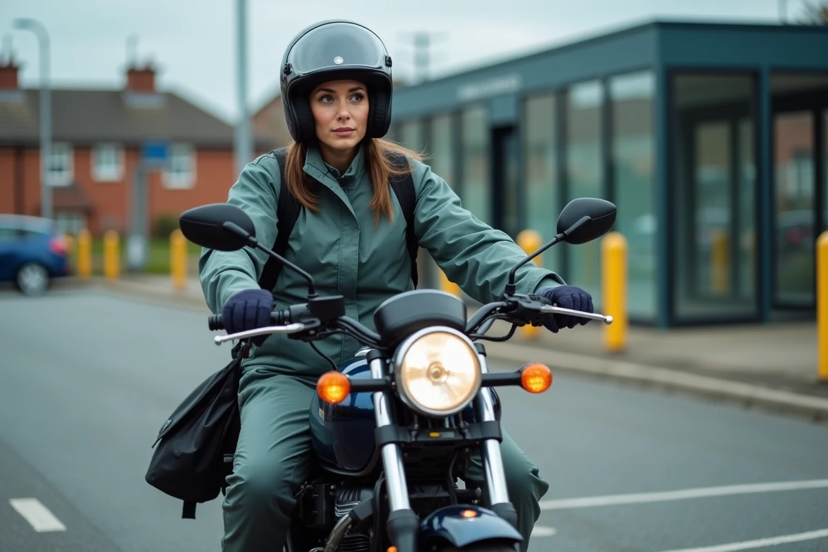 Femme en équipement de moto montant un 125cc dans un parking de banlieue pour un trajet domicile-travail