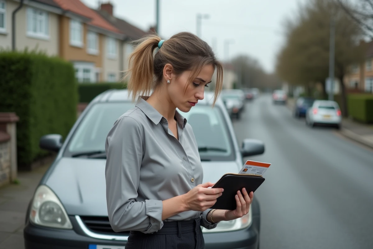 Femme debout près d'une voiture examinant son permis de conduire expiré dans la rue