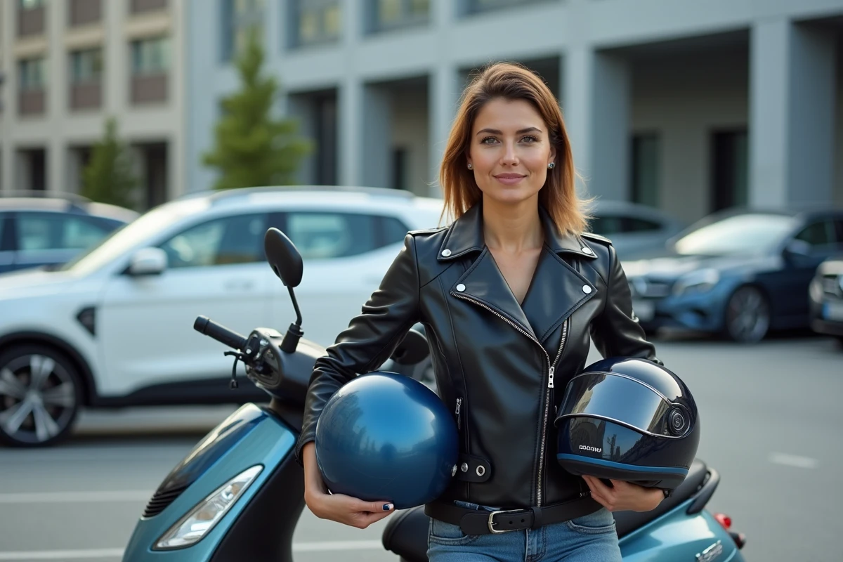 Femme tenant son casque moto à côté d'un scooter 125cc dans un parking urbain