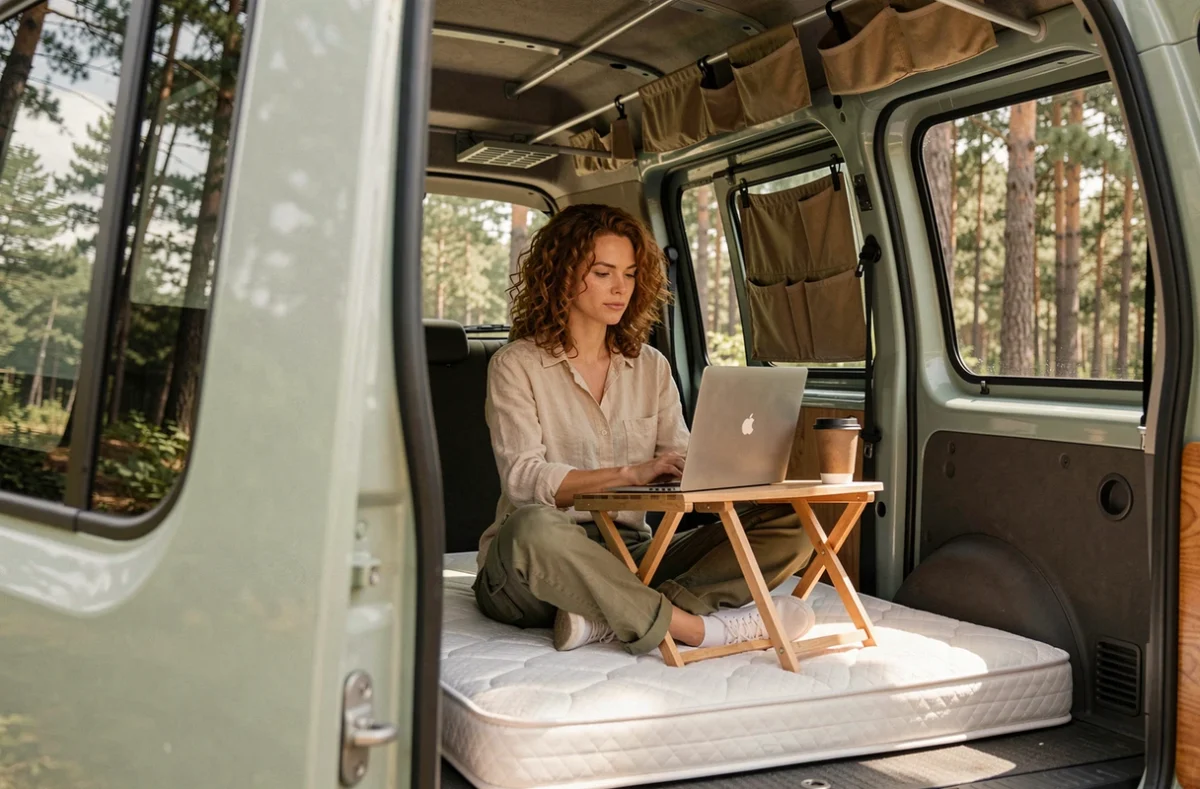 Femme travaillant sur ordinateur portable dans un Kangoo aménagé en van avec rangements amovibles en forêt