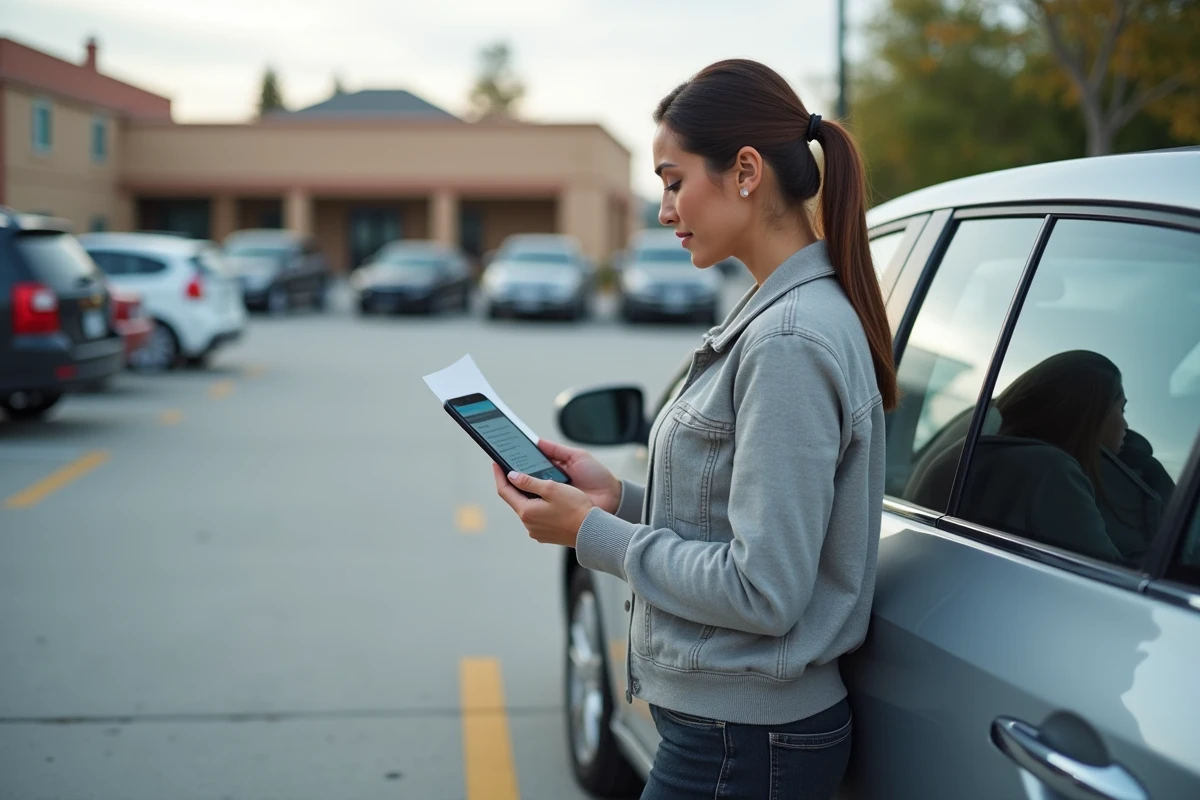 Femme vérifiant le site Carte Grise Minute sur smartphone près de sa voiture dans un parking