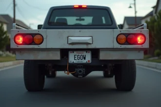Feux arrière réglementaires sur une remorque utilitaire attachée à un pick-up, montrant les feux rouges, clignotants et éclairage de plaque