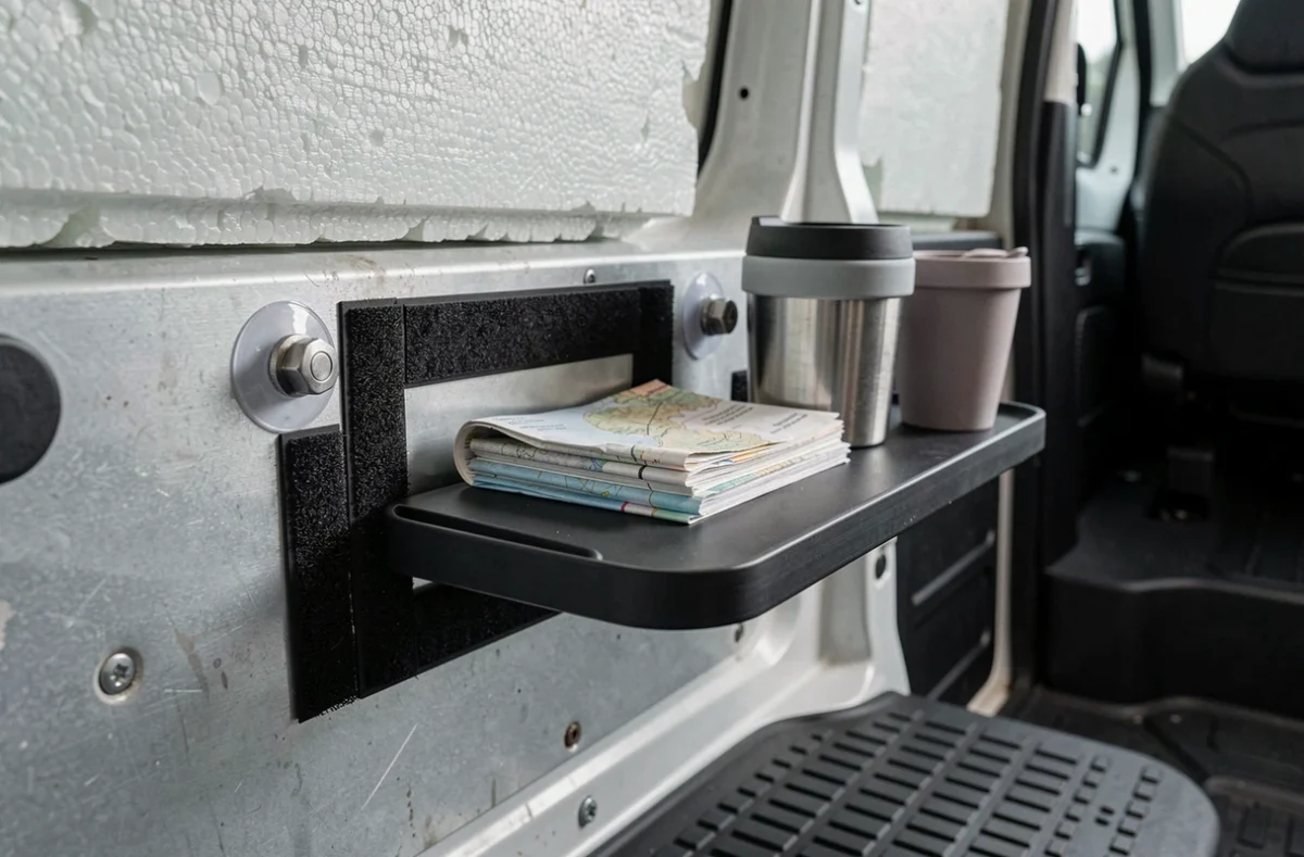 Gros plan sur des fixations adhésives et velcro pour étagère dans un Kangoo aménagé sans percer