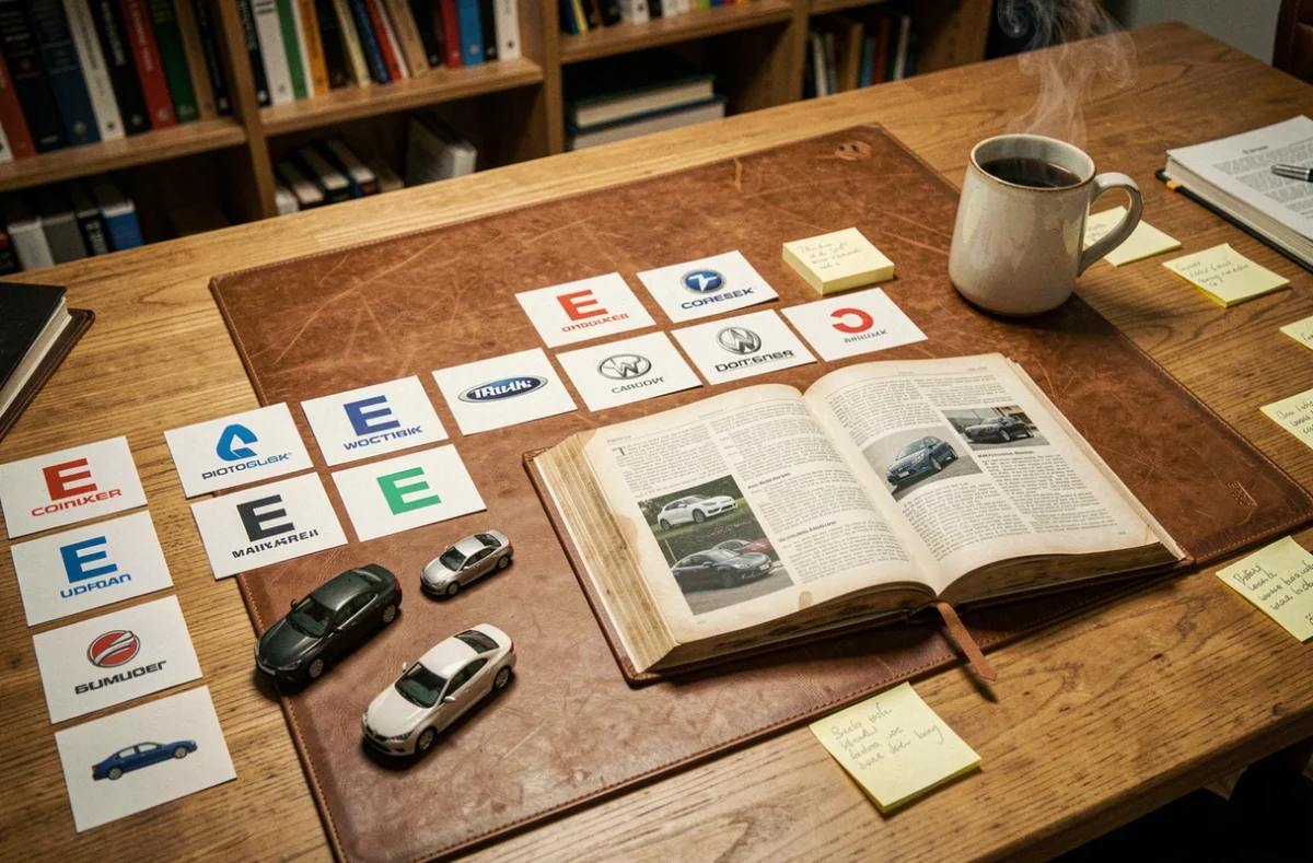Flat-lay de matériaux de référence sur les marques automobiles commençant par E, modèles réduits et logos sur bureau en bois