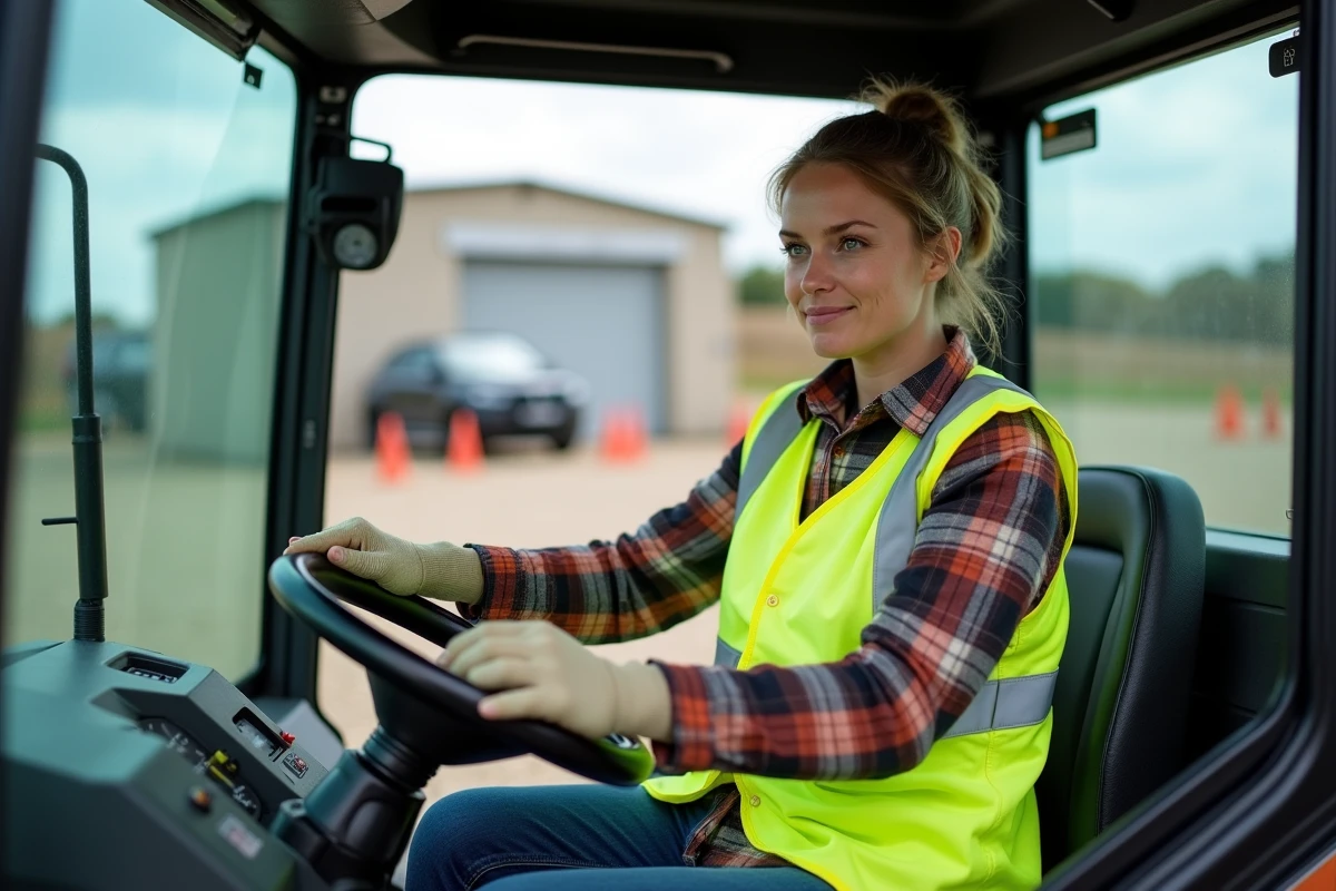 Femme en formation conduite d'un tracteur de catégorie B sur un terrain d'entraînement