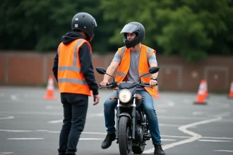 Jeune homme en gilet orange sur une moto 125cc lors d'une formation au permis dans un centre de conduite