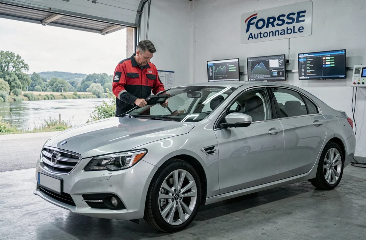 Technicien réglant le parallélisme d'un véhicule chez Forsse Automobile à Pont-du-Château