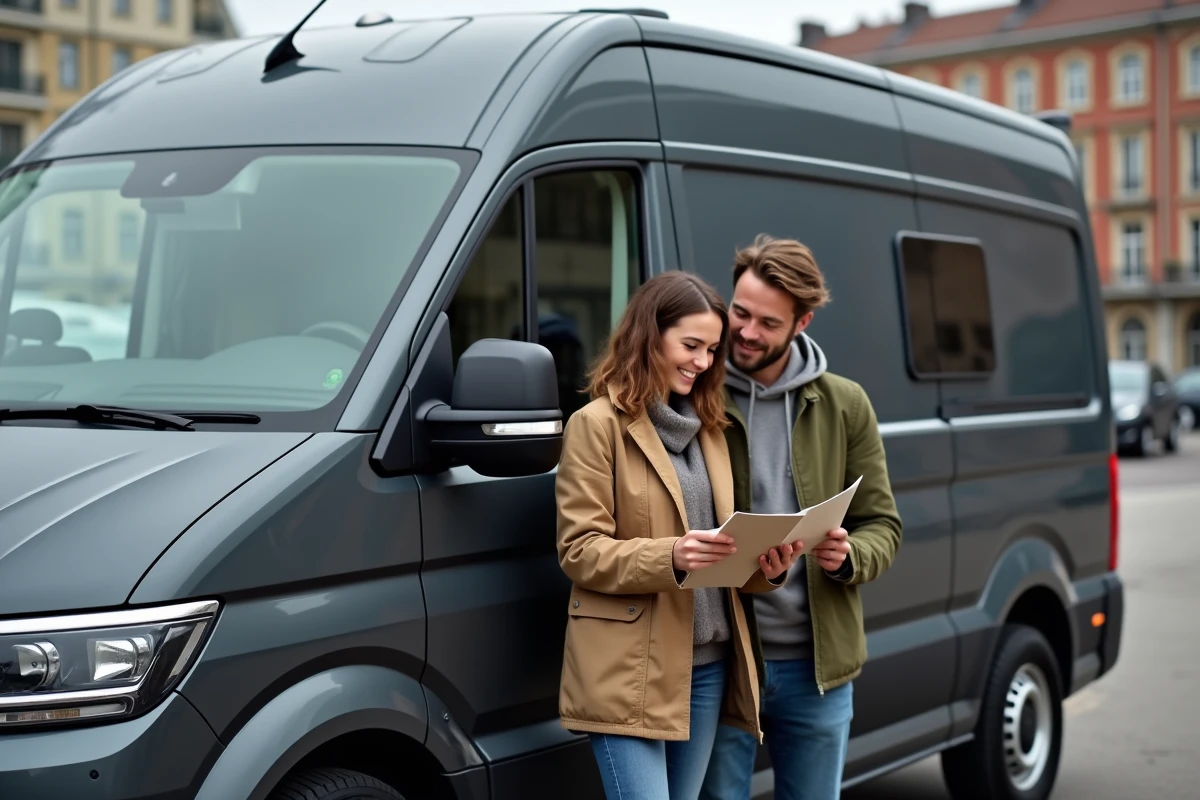Couple consultant un devis devant un fourgon aménagé Volkswagen Crafter gris en milieu urbain
