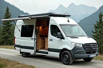 Fourgon aménagé Mercedes Sprinter blanc garé sur une route de montagne avec panneau solaire et rack de toit