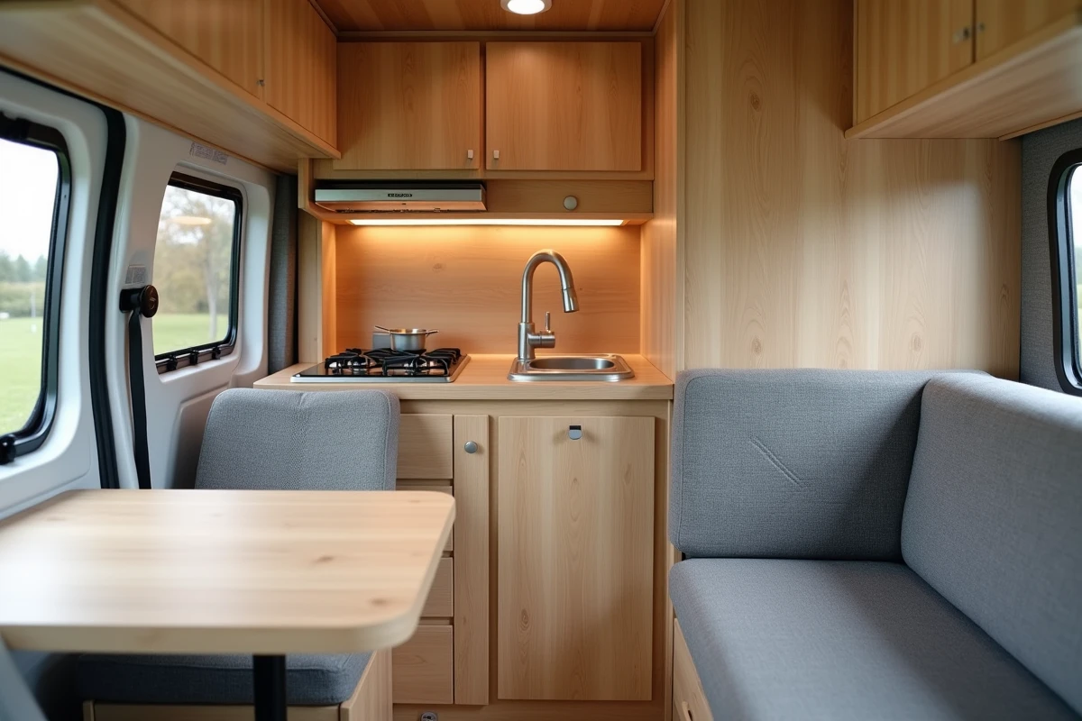 Intérieur aménagé d'un fourgon avec cuisine en bois, évier et banquette grise