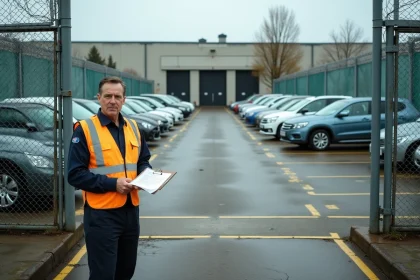 Employé d'une fourrière municipale devant un parking de véhicules saisis derrière des grillages