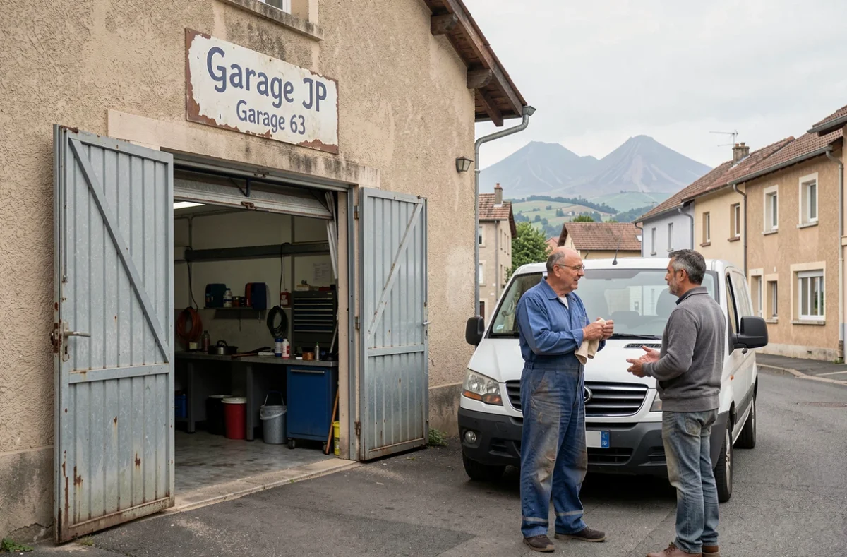 Façade du Garage JP Garage 63, garage indépendant près de Clermont-Ferrand avec le propriétaire accueillant un client