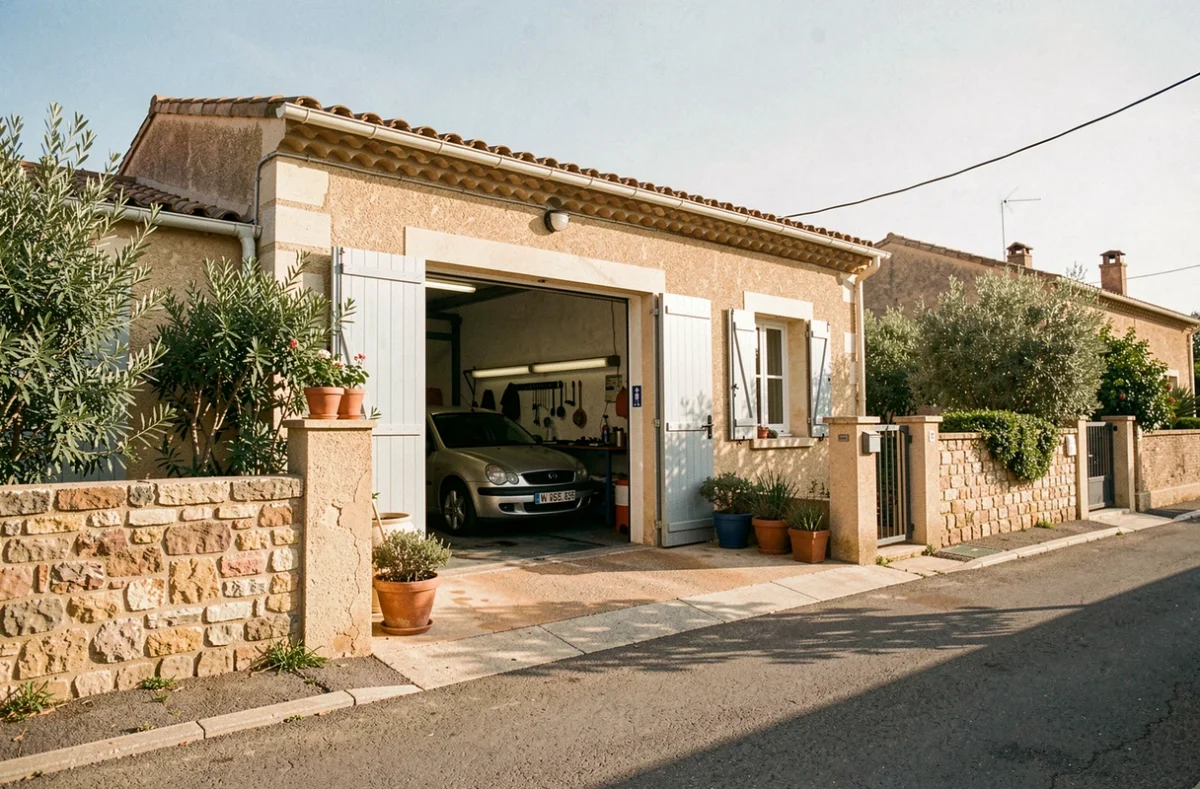 Atelier de proximité du Garage KMS à Clapiers avec un véhicule en réparation devant les portes ouvertes
