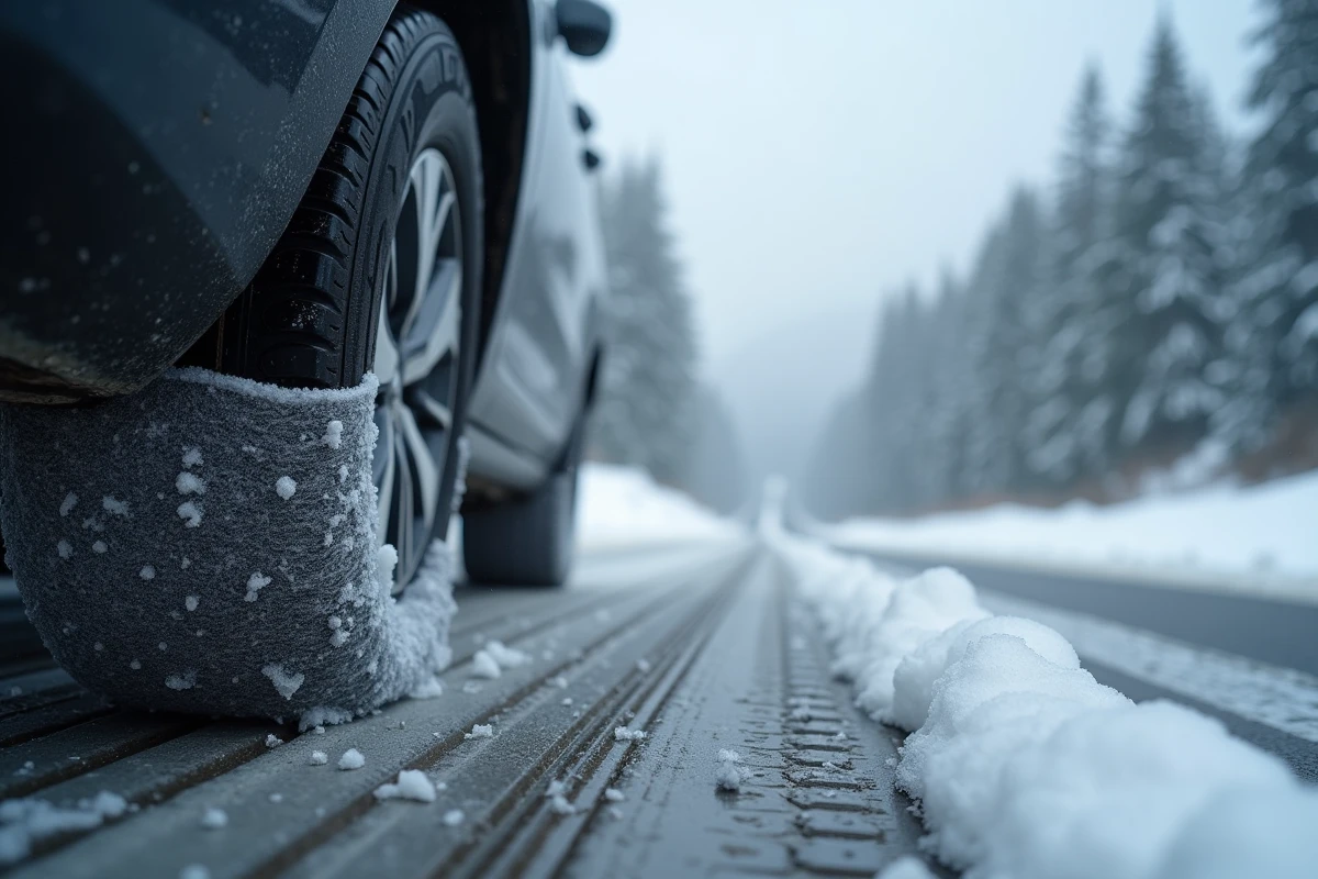 Gros plan sur une chaussette de neige tendue sur un pneu de voiture sur route verglacée en montagne