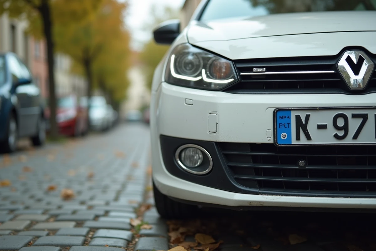 Gros plan sur une plaque d'immatriculation française usée sur une voiture d'occasion en rue