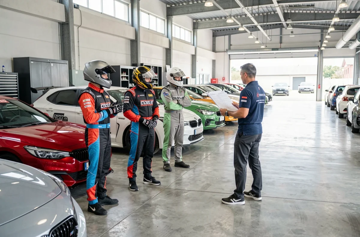 Groupe de participants écoutant les consignes d'un instructeur avant un stage de pilotage en circuit