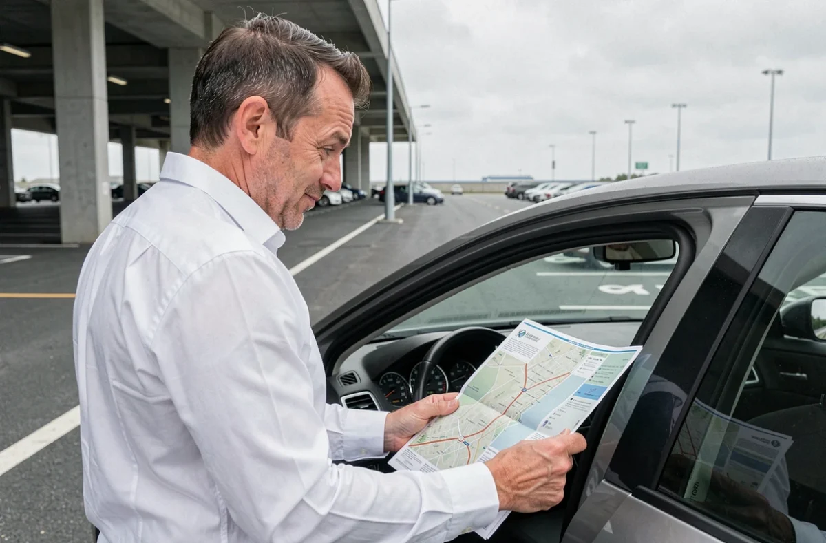 Homme consultant le compteur de vitesse d'une voiture de location pour convertir mph en km/h sur un parking d'aéroport