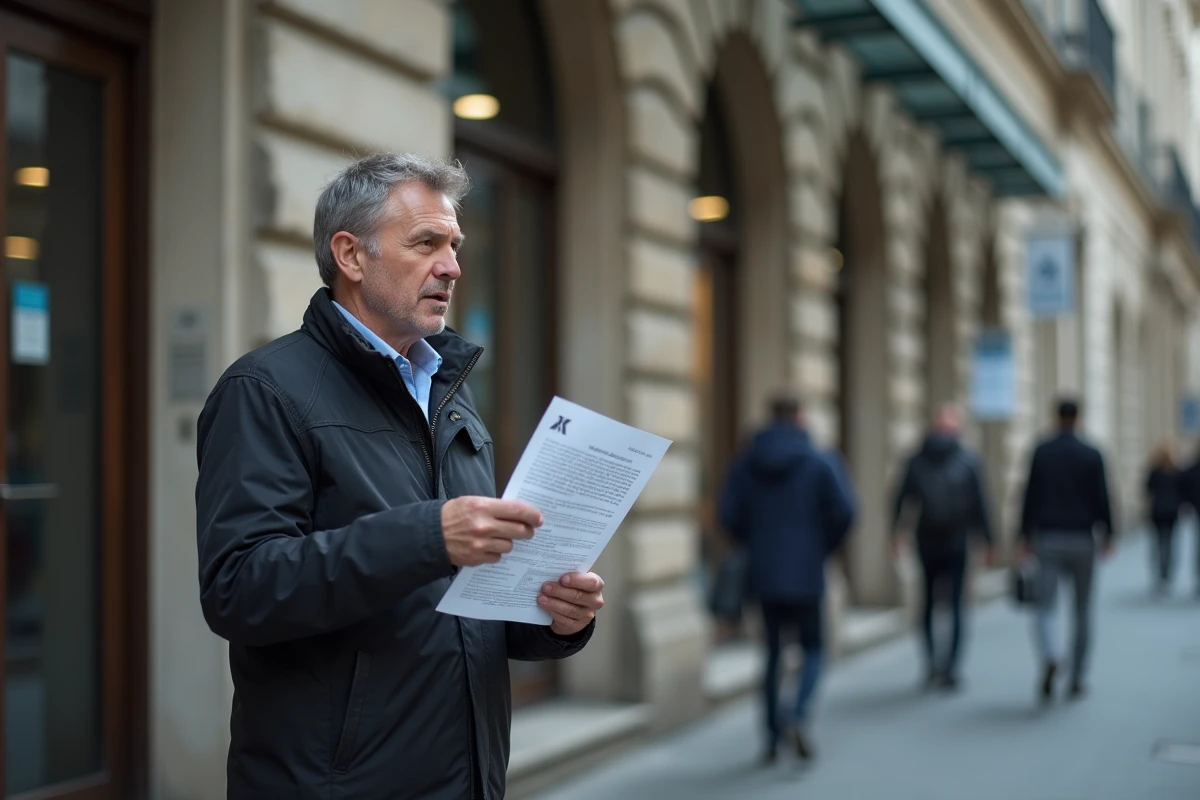 Homme consultant un document administratif devant une préfecture pour la récupération de points de permis
