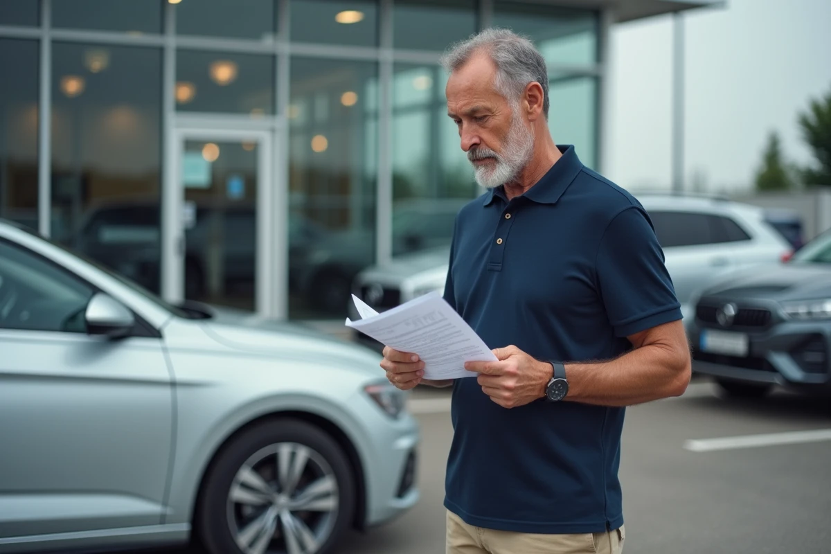 Homme évaluant le coût de la carte grise d'un véhicule chez un concessionnaire automobile