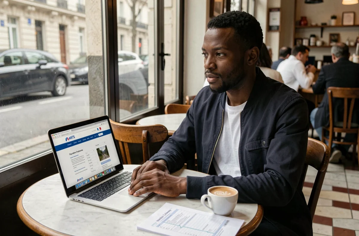 Homme étranger recherchant son code NEPH sur le site ANTS depuis un café parisien