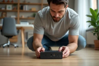 Homme examinant un booster de signal Wi-Fi dans un bureau à domicile moderne