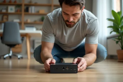 Homme examinant un booster de signal Wi-Fi dans un bureau à domicile moderne