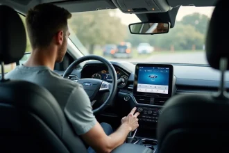 Homme utilisant le système Ford Sync sur l'écran tactile de son véhicule