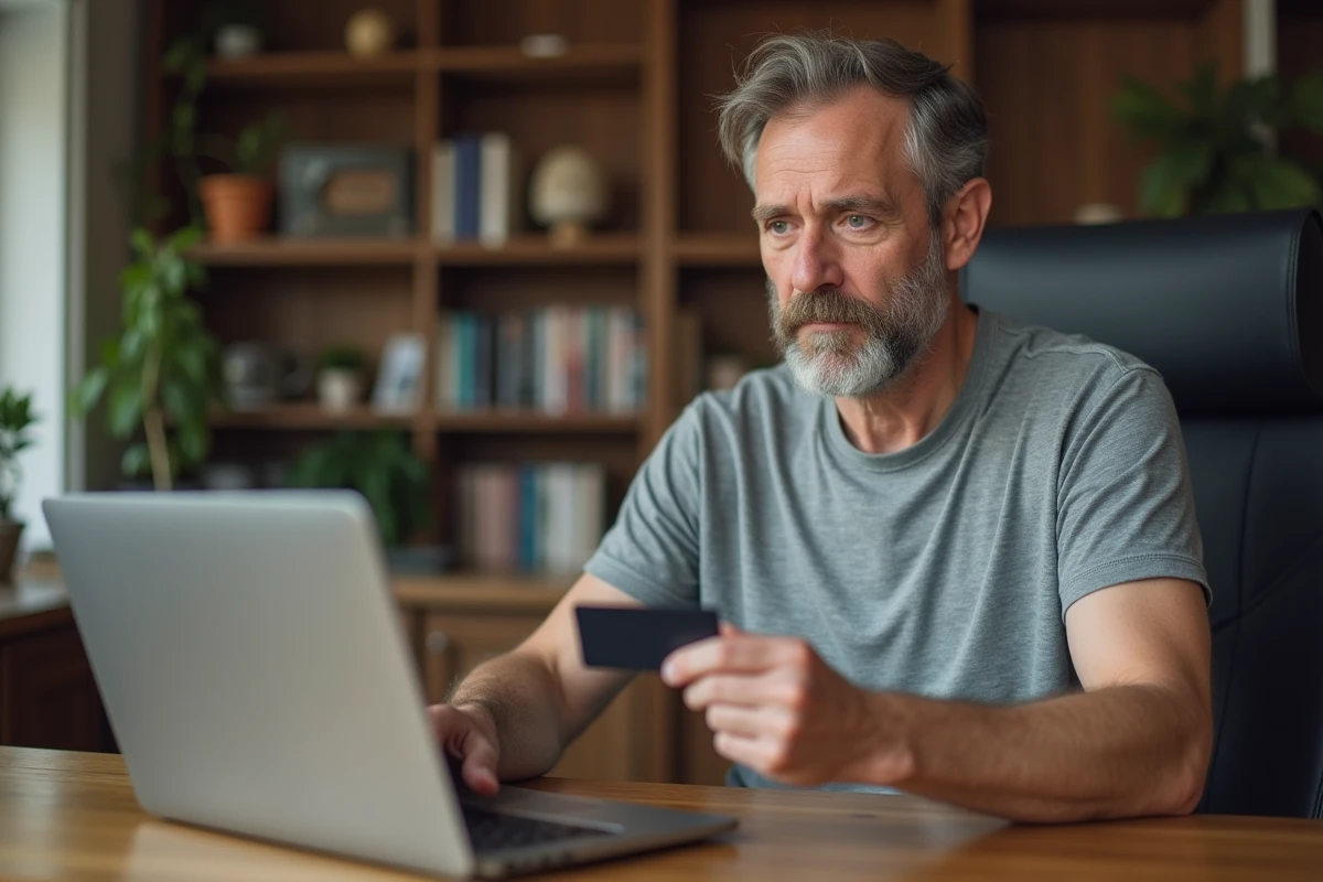 Homme consultant une offre de location de voiture en ligne avec sa carte de crédit, représentant la démarche de réservation et vérification de solvabilité
