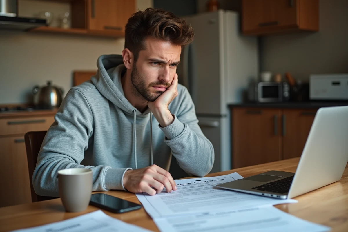 Jeune homme analysant les documents d'indemnisation après un accident de voiture à son domicile