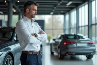 Ingénieur automobile dans un showroom examinant des documents techniques devant une berline diesel