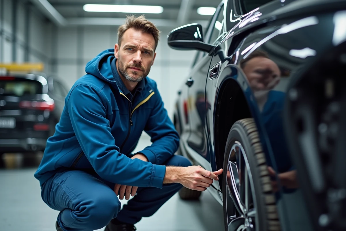 Ingénieur automobile inspectant le groupe motopropulseur hybride d'un véhicule dans un atelier moderne