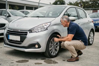 Homme inspectant une Peugeot 208 1.2 PureTech d'occasion dans un parking de concessionnaire