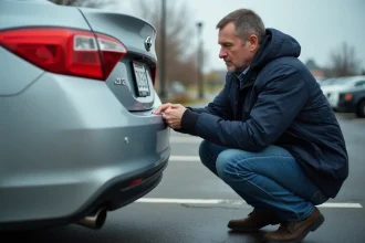 Homme inspectant la plaque d'immatriculation d'une voiture d'occasion dans un parking