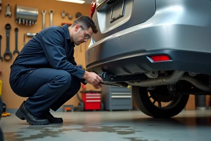 Homme installant un attelage de remorquage sous un SUV argenté dans un garage résidentiel